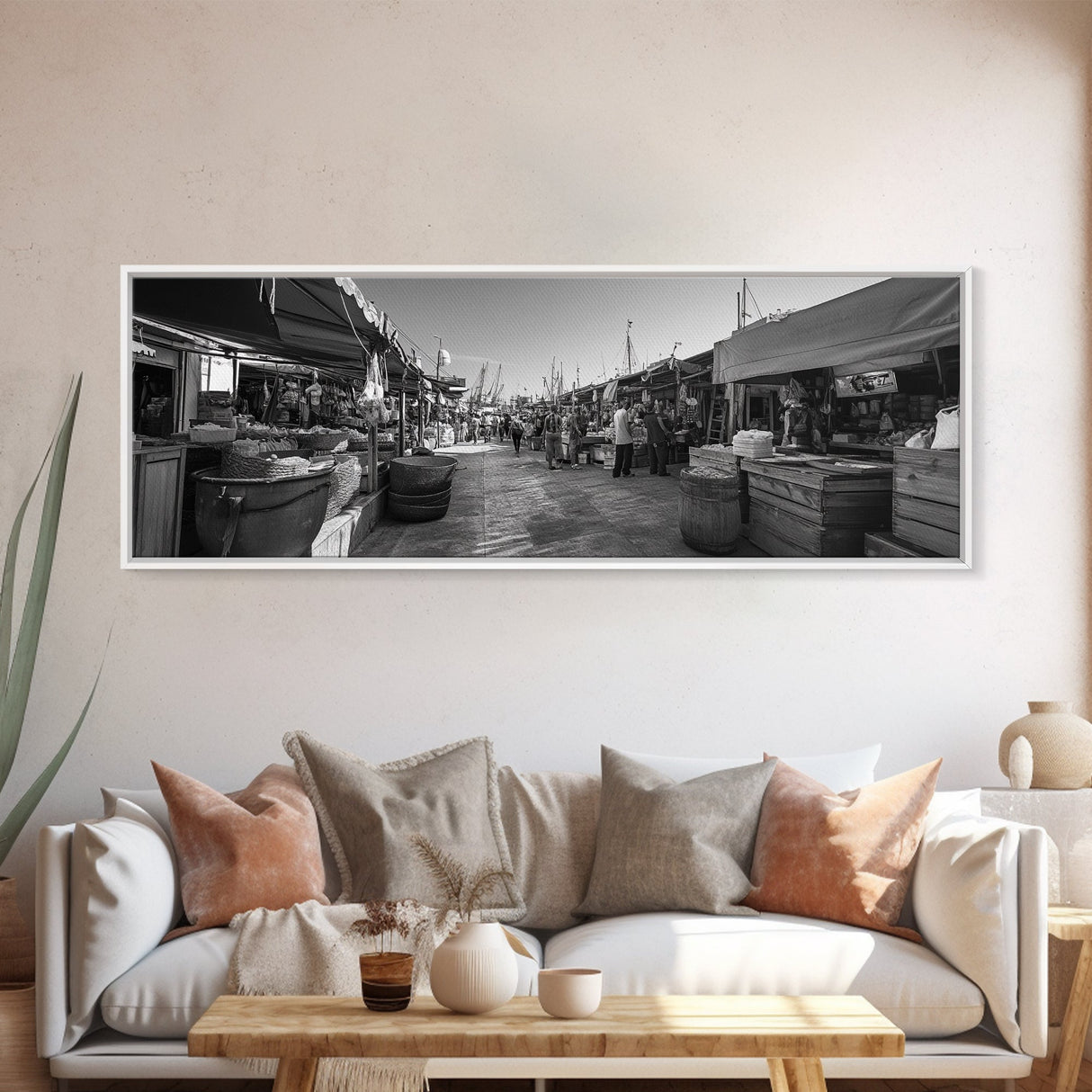Mediterranean Market Scene, Travel Wall Decor, Rustic Street View, Framed Canvas Print, Kitchen Wall Art, Black and White Photography