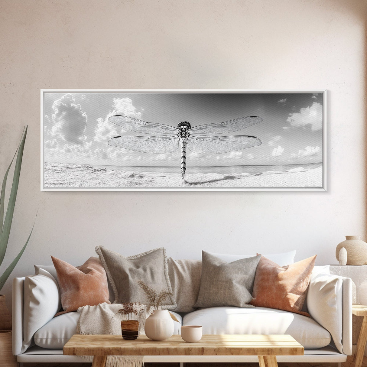 Dragonfly Beach Art, Detailed Insect Wings, Nature Wall Decor, Framed Canvas Print, Boho Bedroom Art, Minimal Wildlife Photography