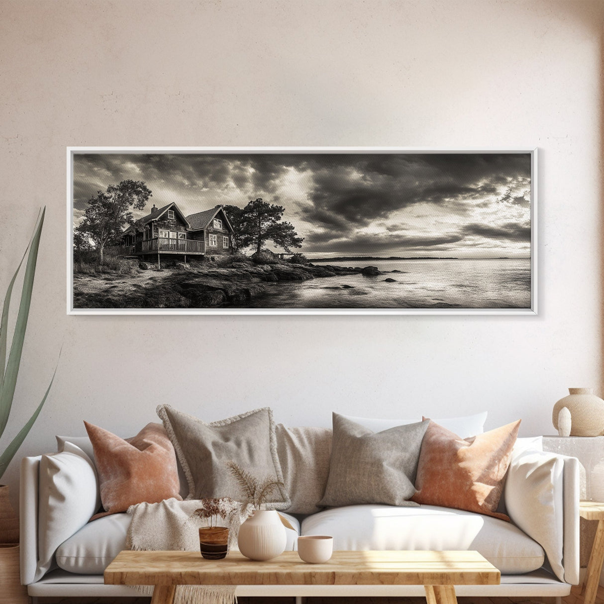 Lakeside Cabin, Stormy Sky, Rustic Escape, Framed Canvas Print, Cabin Wall Art, Lake House Decor, Autumn Living Room Art, Cozy Lodge Style