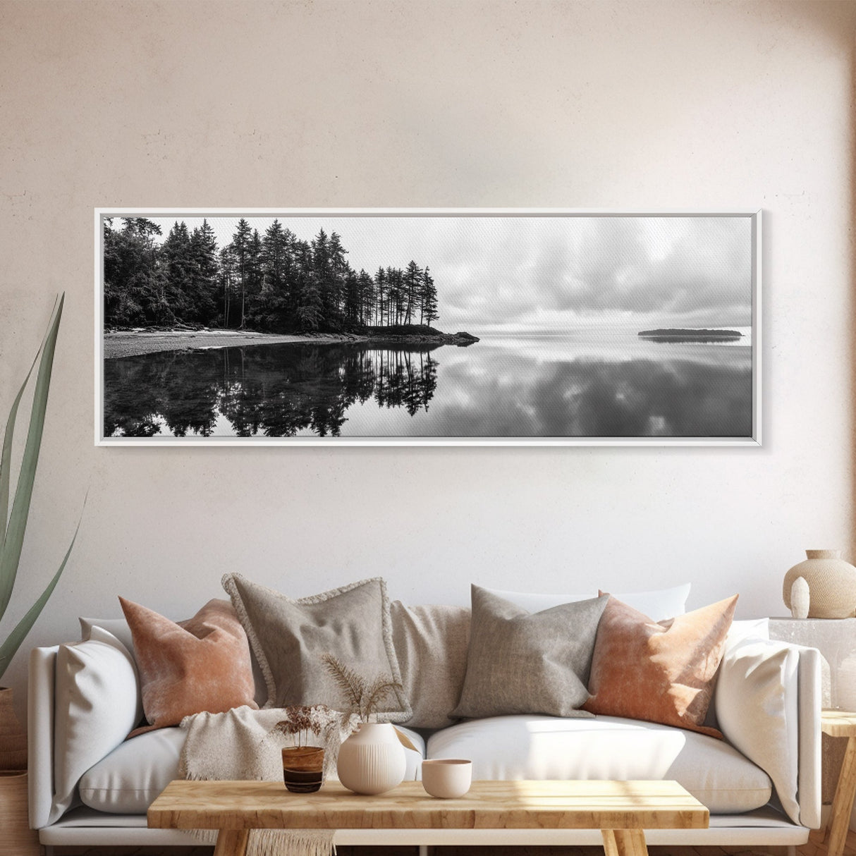 Reflected Pines, Quiet Lake, Forest Island, Calm Waters, Framed Canvas Print, Nature Photography, Minimal Wall Art, Office Decor