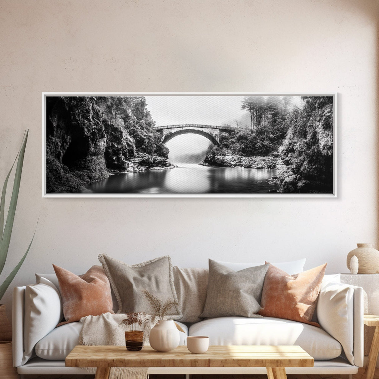 Stone Bridge, Forest River, Morning Mist, Canvas Print, Black and White Landscape, Nature Wall Art, Rustic Bathroom Art, Den Decor
