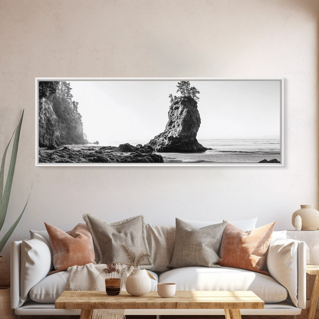 Sea Stack, Rugged Coast, Ocean Cliffside, Framed Canvas Print, Coastal landscape, Nature photography, Office wall art, Monochrome design