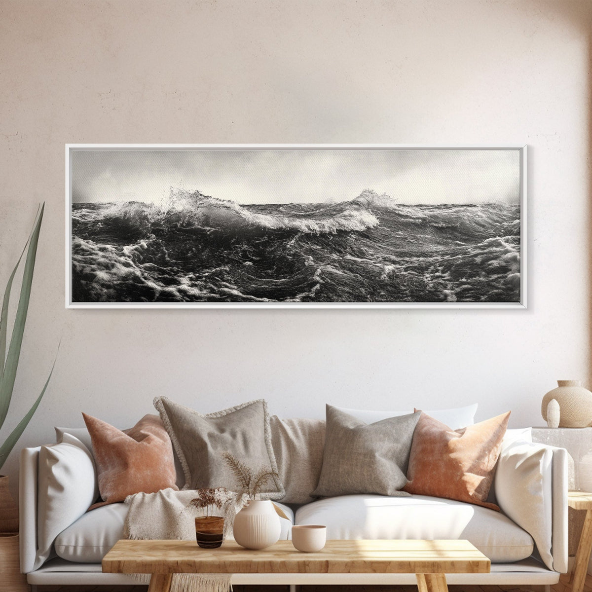Ocean Wave, Stormy Sea, Black and White Nautical, Framed Canvas Print, Bold Coastal Art, Living Room Wall Art, Marine Photography