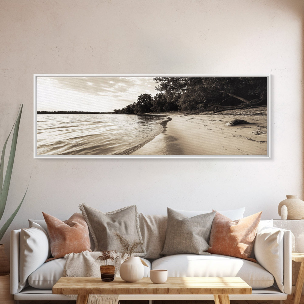 Sandy Beach, Serene Coastline, Nature Shoreline, Framed Canvas Print, Neutral Minimal Art, Bedroom Wall Art, Sepia Landscape Decor