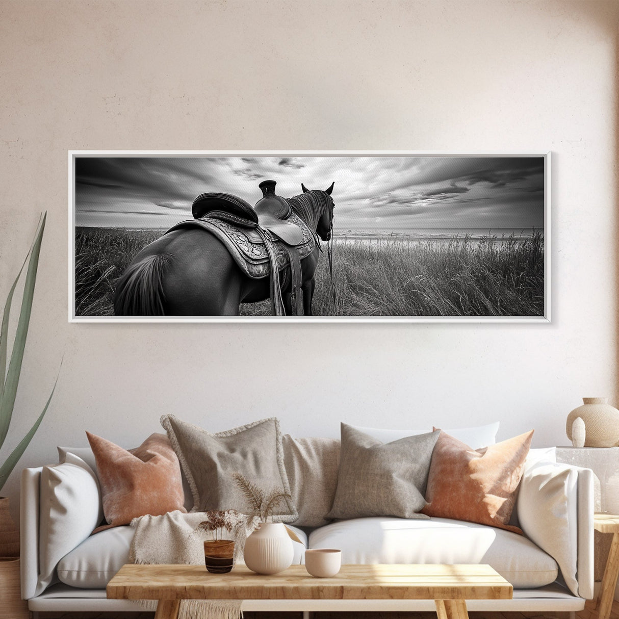Western Horse Beach, Saddle Detail Horizon, Equestrian Art, Framed Canvas Print, Farmhouse Wall Art, Cowboy Country Decor