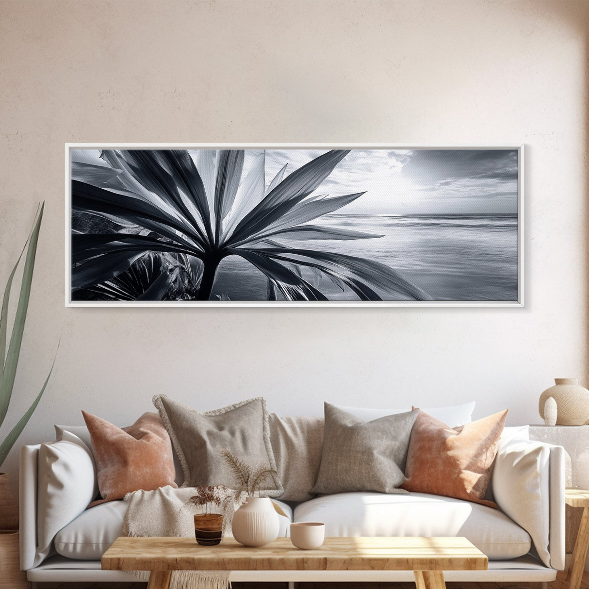 Tropical Leaf Closeup, Ocean Horizon Sunset, Botanical Beach, Framed Canvas Print, Kitchen Wall Art, Coastal Jungle Decor, Rustic Lakehouse Decor