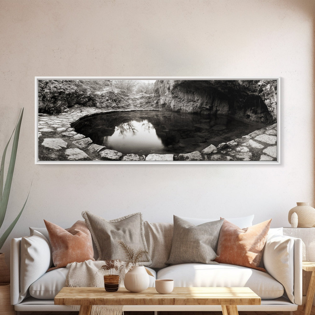 Stone Pool, Quiet Reflection, Nature Photography, Zen Vibes, Framed Canvas Print, Bathroom Wall Art, Rustic Decor, Tranquil Home Accent