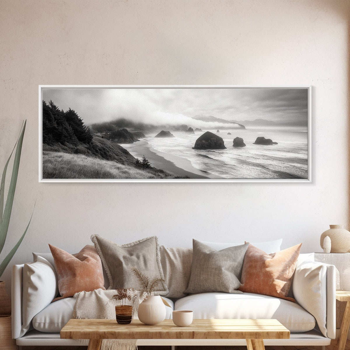 Pacific Coast, Misty Cliffs, Ocean Rocks, Moody Beach Scene, Canvas Print, Modern Nature Decor, Living Room Wall Art, Coastal Landscape