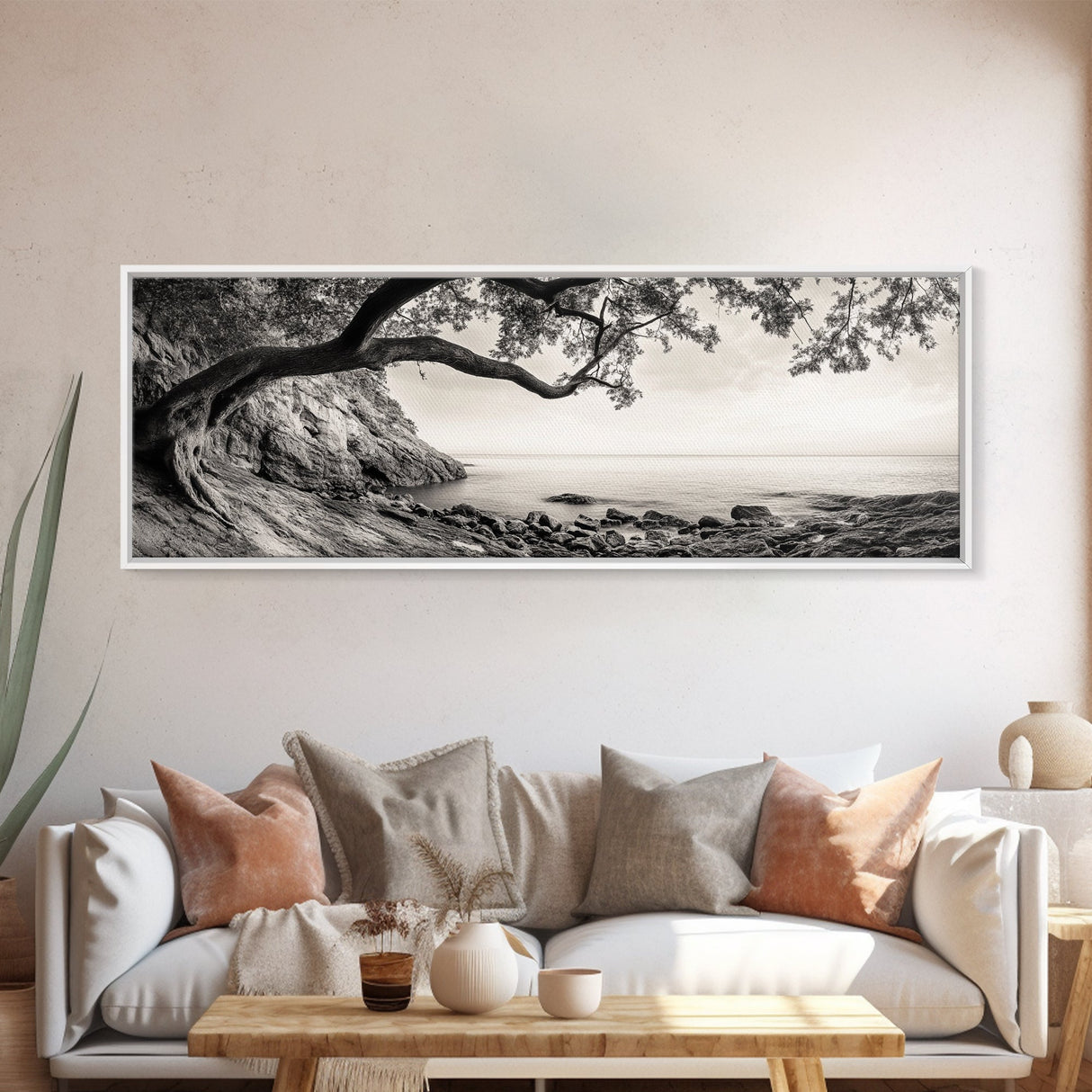 Tree By The Sea, Ocean Cliff, Black And White Nature, Framed Canvas Print, Coastal Wall Decor, Minimalist Art, Tranquil Bedroom Print