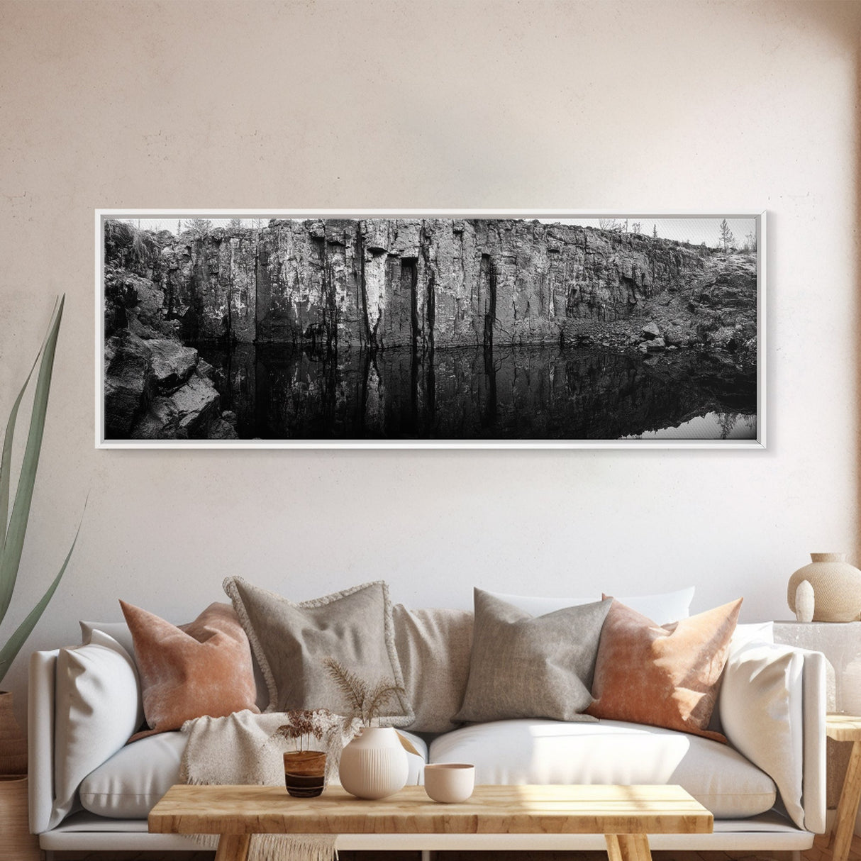 Quarry Wall, Rocky Cliff, Natural Reflection, Still Water, Framed Canvas Print, Industrial Wall Art, Man Cave Decor, Rustic Landscape Art