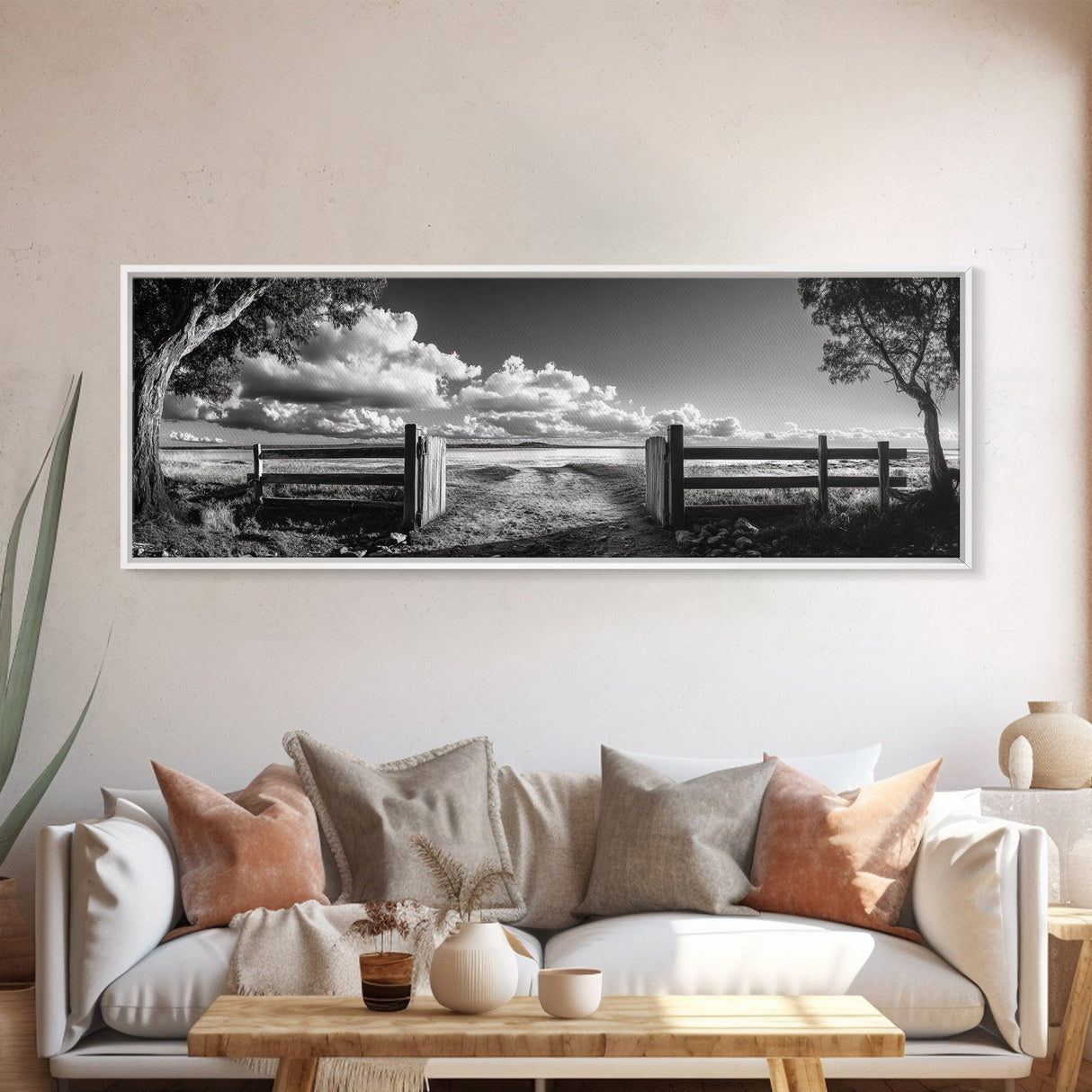 Wooden Fence, Open Field, Cloud Horizon, Framed Canvas Print, Country Landscape Photography, Entryway Wall Art, Farmhouse Autumn Decor