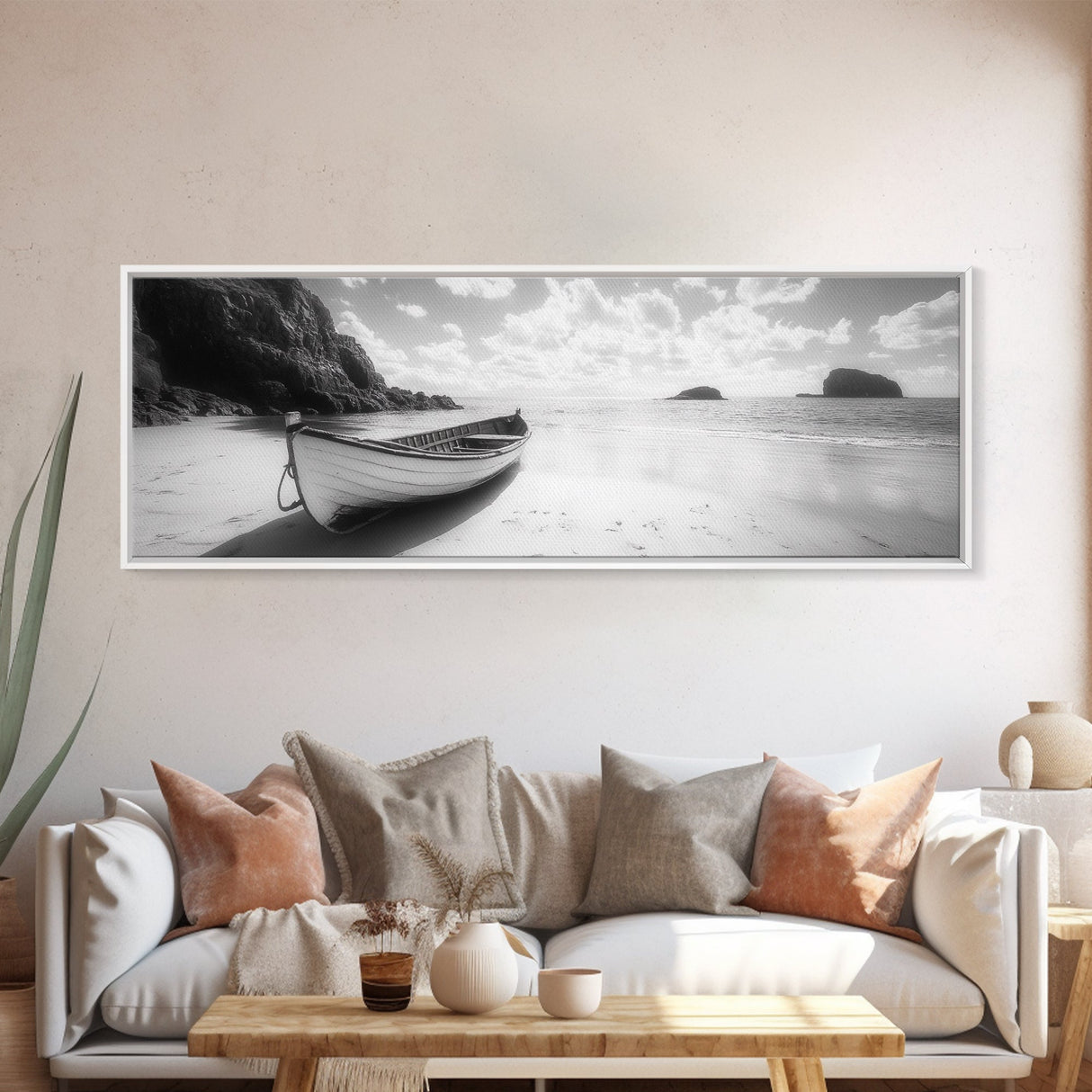 Rowboat, Sandy Cove, Island View, Canvas Print, Coastal Photography, Minimalist Beach Decor, Serene Bathroom or Bedroom Wall Art