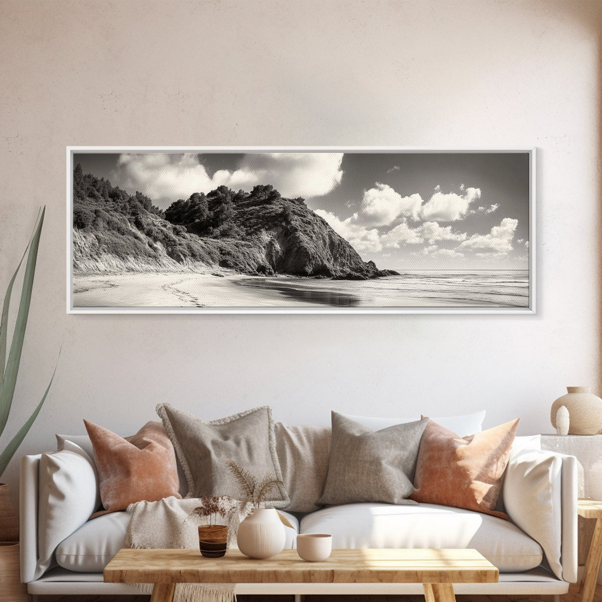 Seaside Cliff, Pine Hills, Sandy Beach, Canvas Print, Coastal Landscape Art, Modern Nature Decor, Beach House Living Room Style