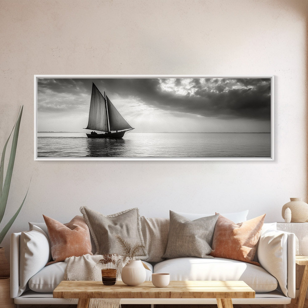 Sailboat, Ocean Horizon, Dramatic Sky, Framed Canvas Print, Nautical Wall Art, Minimalist Office Decor, Ocean Lover Photography