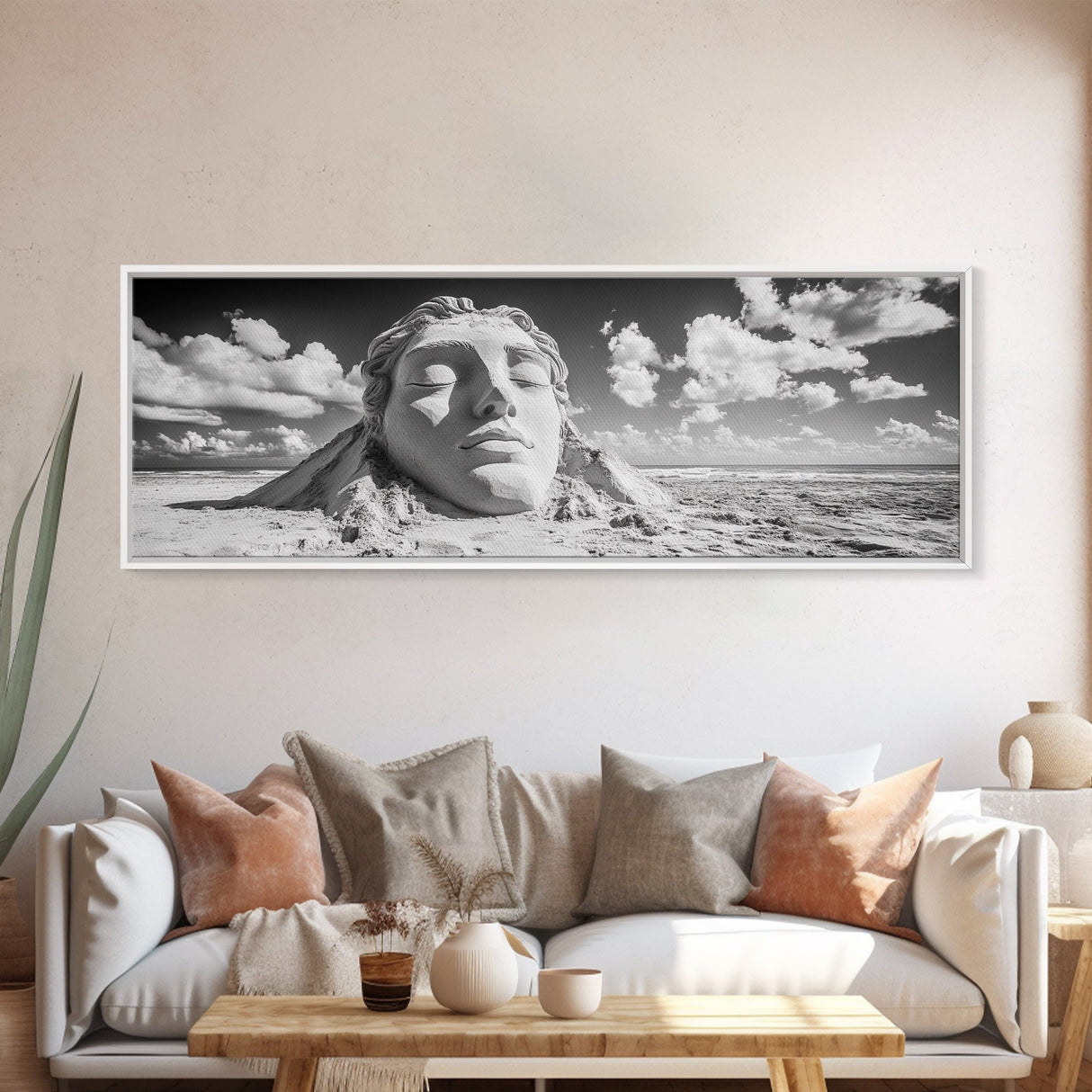 Sand Sculpture Head, Beach Goddess, Coastal Calm, Surreal Beauty, Framed Canvas Print, Modern Wall Art, Living Room Decor, Minimalist Art