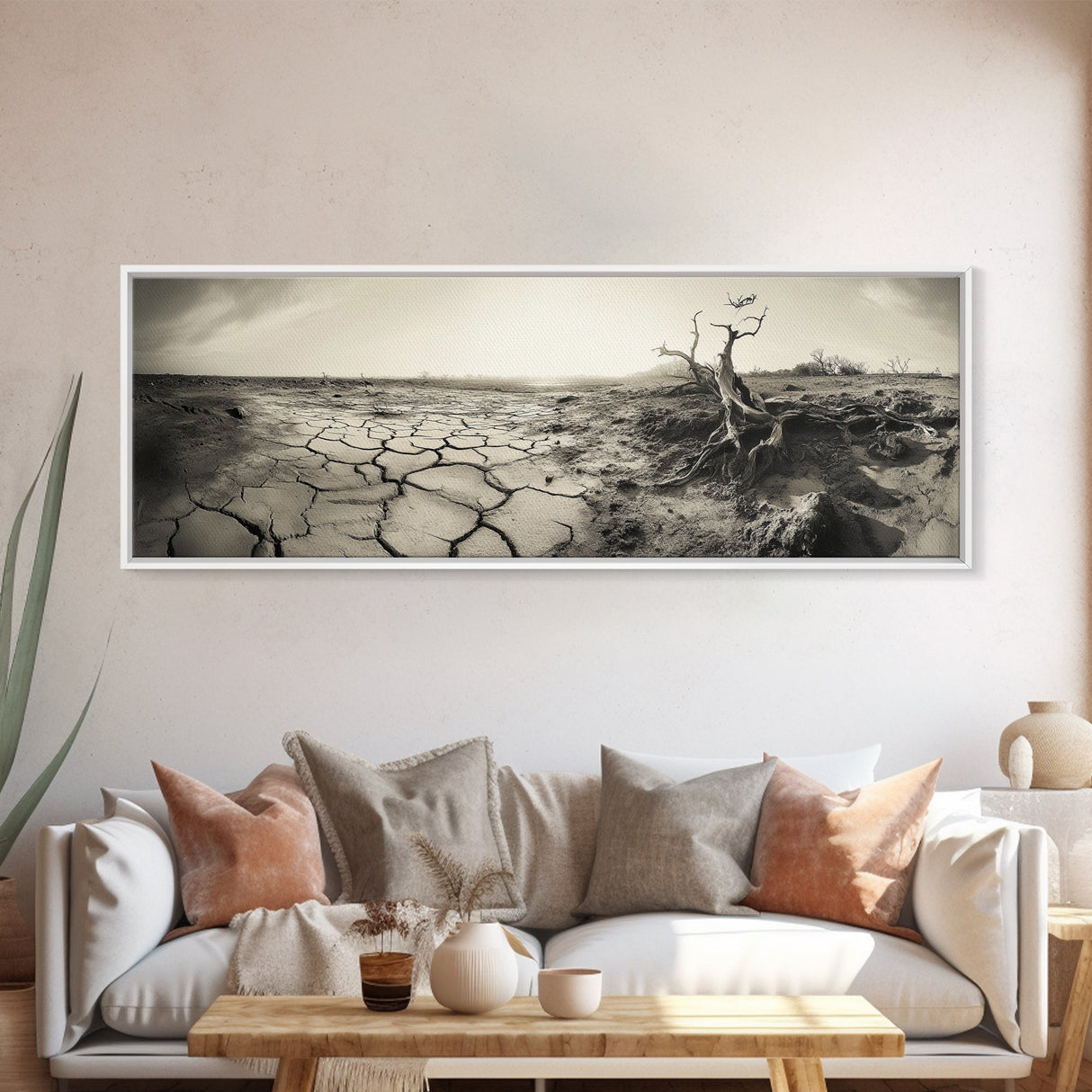 Cracked Earth Drought, Barren Landscape, Nature Drama, Earth Tones, Framed Canvas Print, Fall Wall Art, Study Room Decor, Minimalist Style
