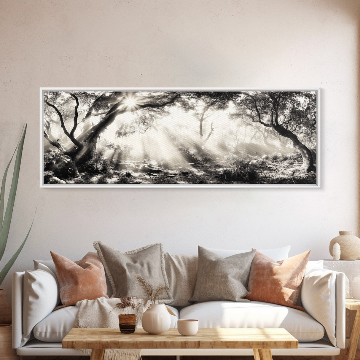 Enchanted Forest, Sunlight Rays, Dreamy Woodland, Framed Canvas Print, boho nature decor, spiritual wall art, bedroom forest scene
