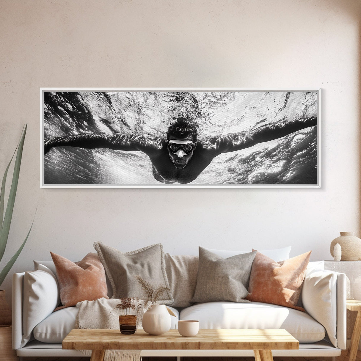 Underwater Swim, Black White Diver, Ocean Exploration, Canvas Print, modern bathroom wall art, sporty fitness vibe, minimalist ocean style
