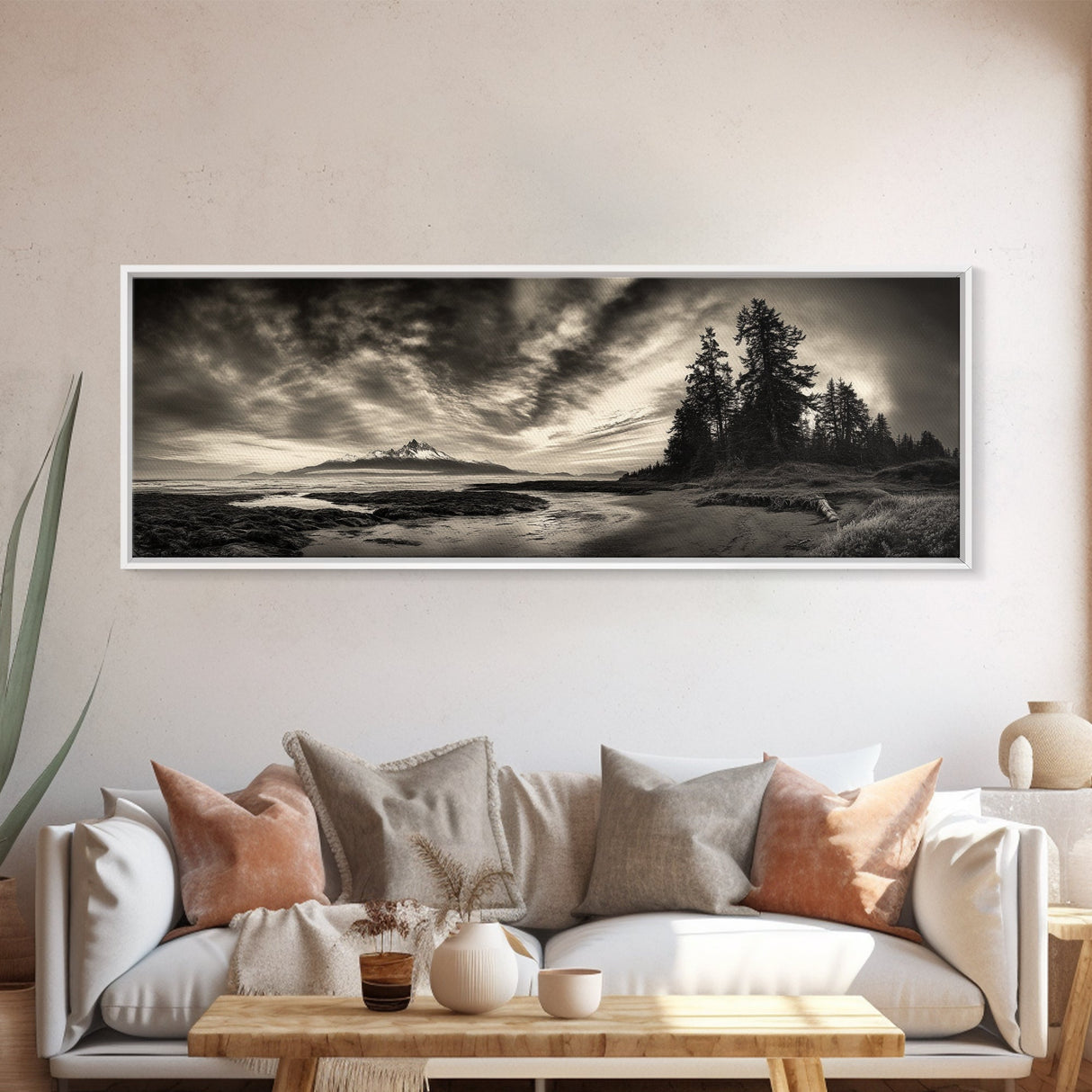 Mountain Shoreline, Stormy Sky, Forest Edge, Canvas Print, Wilderness Landscape Art, Cabin Decor, Moody Nature Photography