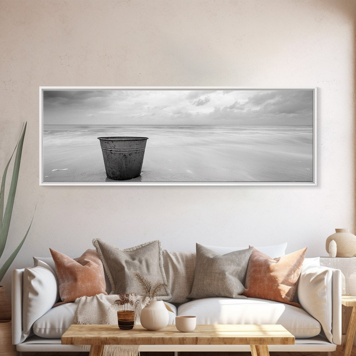 Seaside Metal Pail, Coastal Minimalism, Black White Art, Modern Bathroom Art, Framed Canvas Print, Tranquil Ocean Wall Decor