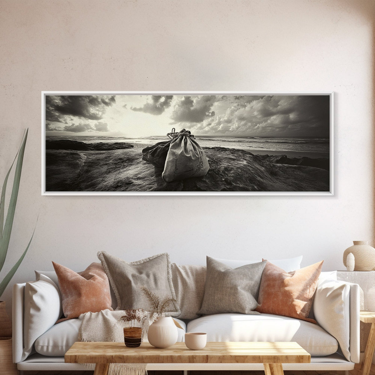 Seaside Canvas Bags, Coastal Travel Vibes, Rustic Ocean Decor, Neutral Wall Art, Framed Canvas Print, Bedroom Beach Art