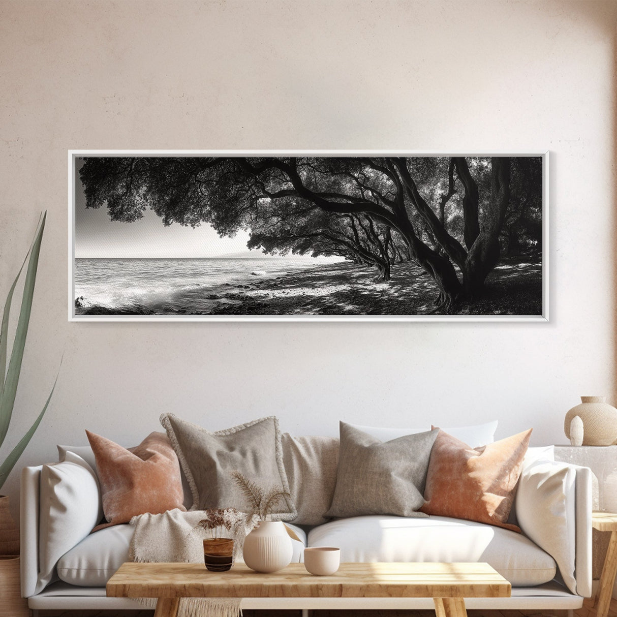 Ocean Trees, Shoreline Light, Majestic Forest, Beach Scene, Framed Canvas Print, Boho Wall Decor, Bedroom Art, Zen Coastal Artwork