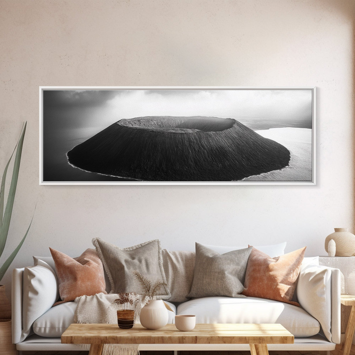 Island Volcano, Crater View, Aerial Landscape, Coastal Photography, Canvas Print, Nature Wall Decor, Bedroom Art, Monochrome Landscape