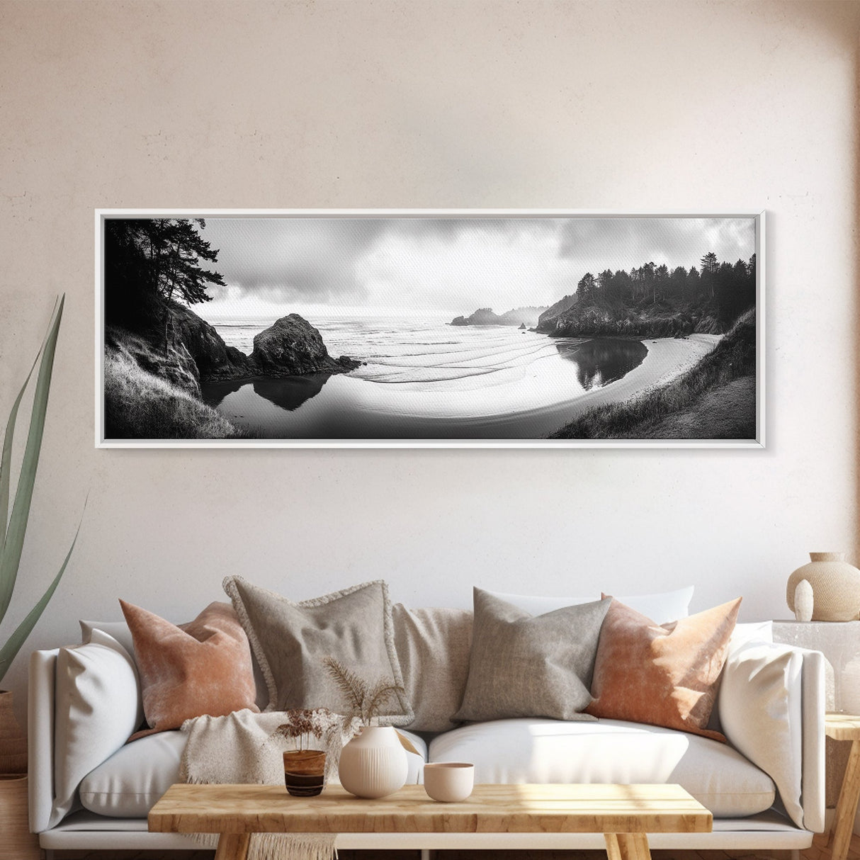 Forest Beach, Pacific Coast, Morning Mist, Tranquil Cove, Framed Canvas Print, Rustic Cabin Wall Art, Nature Landscape Photography