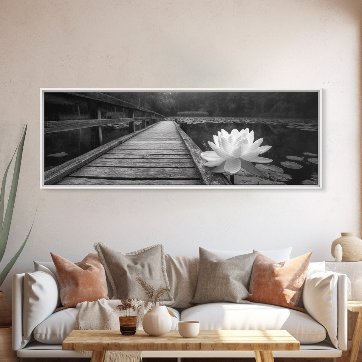 Water Lily, Peaceful Pond, Wooden Dock, Framed Canvas Print, Zen Wall Art, Meditation Room Decor, Black and White Nature Art