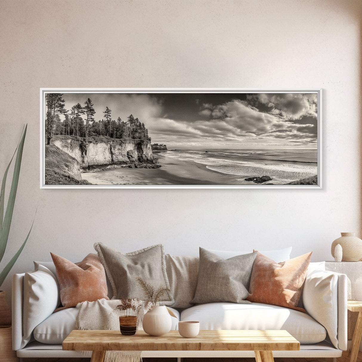 Cliffside Forest, Pacific Coastline, Dramatic Ocean View, Framed Canvas Print, Natural Landscape, Cabin Wall Art, Rustic Coastal Decor