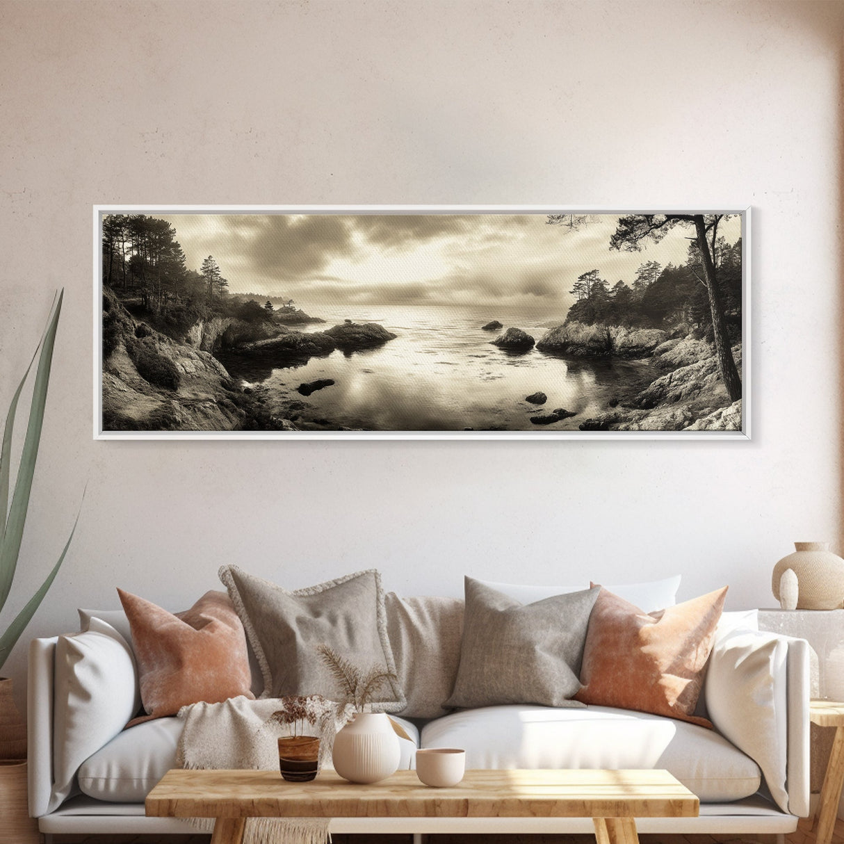 Hidden Cove Sunset, Rocky Seascape, Coastal Tranquility, Framed Canvas Print, Forest Edge, Moody Living Room Wall Art, Seaside Escape