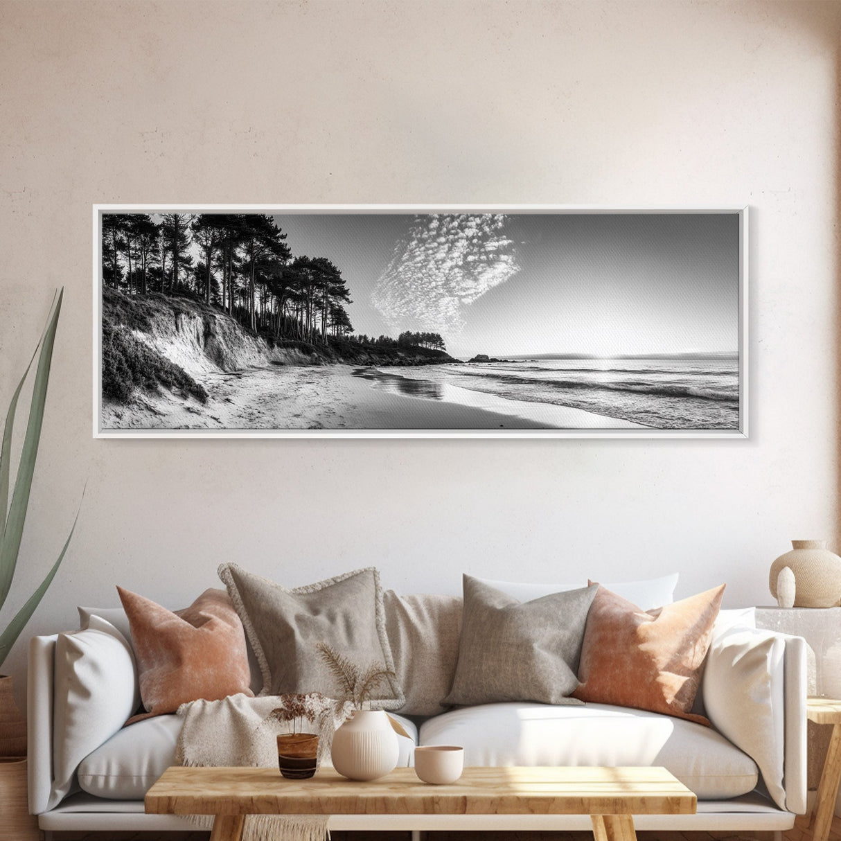 Forest Edge Beach, Coastal Sandscape, Sunset Sky, Canvas Print, Black and White Landscape, Coastal Living Room Art, Natural Vibes