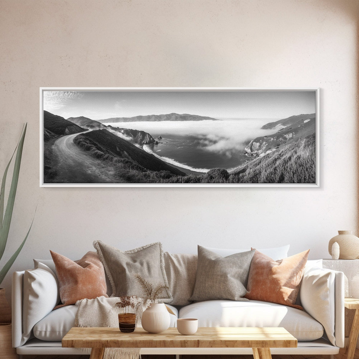 Mountain Road, Foggy Ocean View, Cliffside Drive, Framed Canvas Print, Scenic Wall Decor, Travel Photography, Modern Minimalist Art