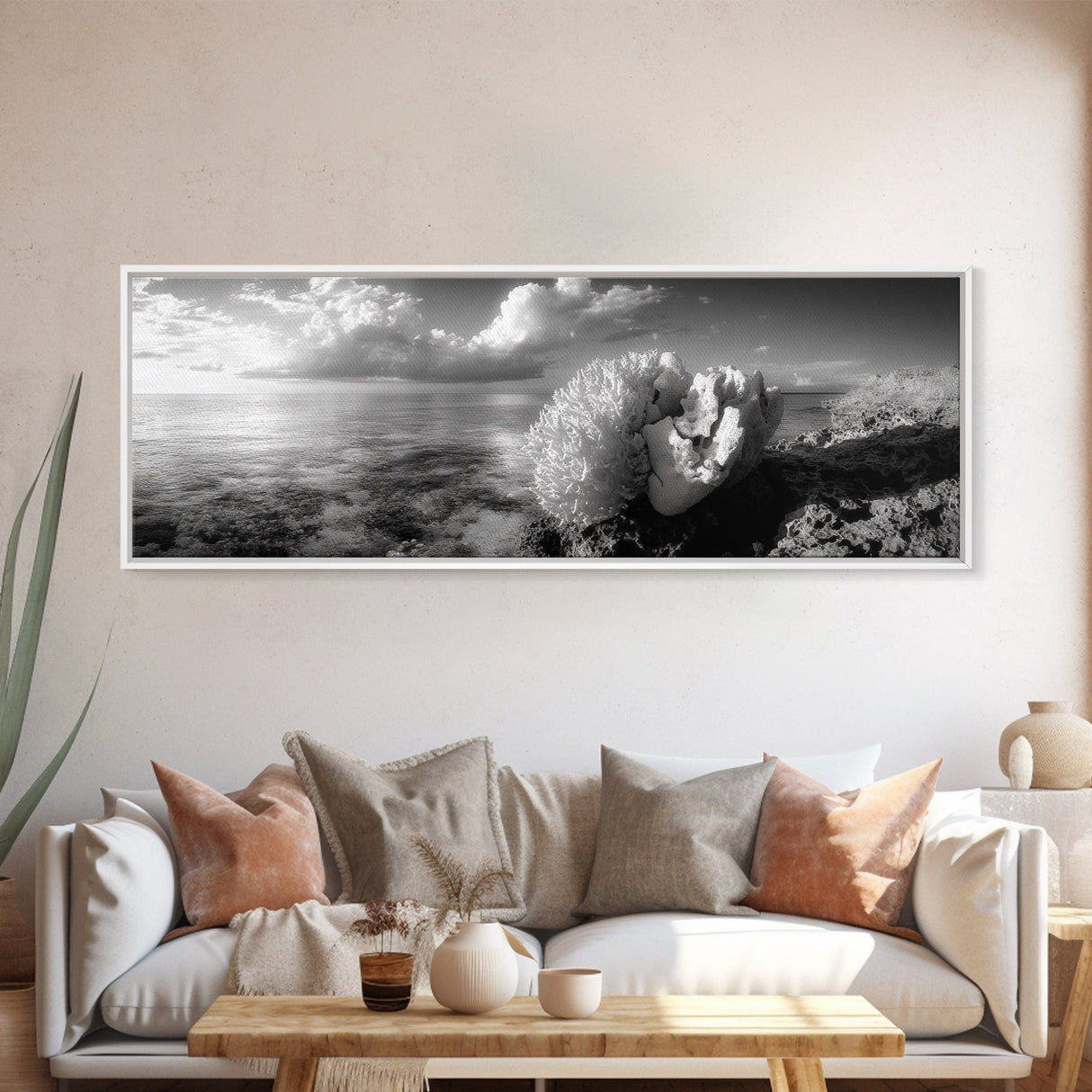 Sea Coral, Calm Ocean, Reef Textures, Framed Canvas Print, Coastal Bathroom Art, Monochrome Ocean Decor, Nature Photography Accent
