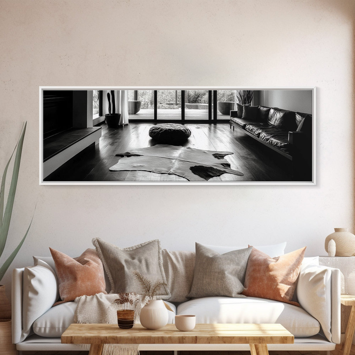 Modern Living, Minimalist Decor, Cowhide Rug, Framed Canvas Print, Neutral Aesthetic Wall Art, Luxury Living Room Design Accent