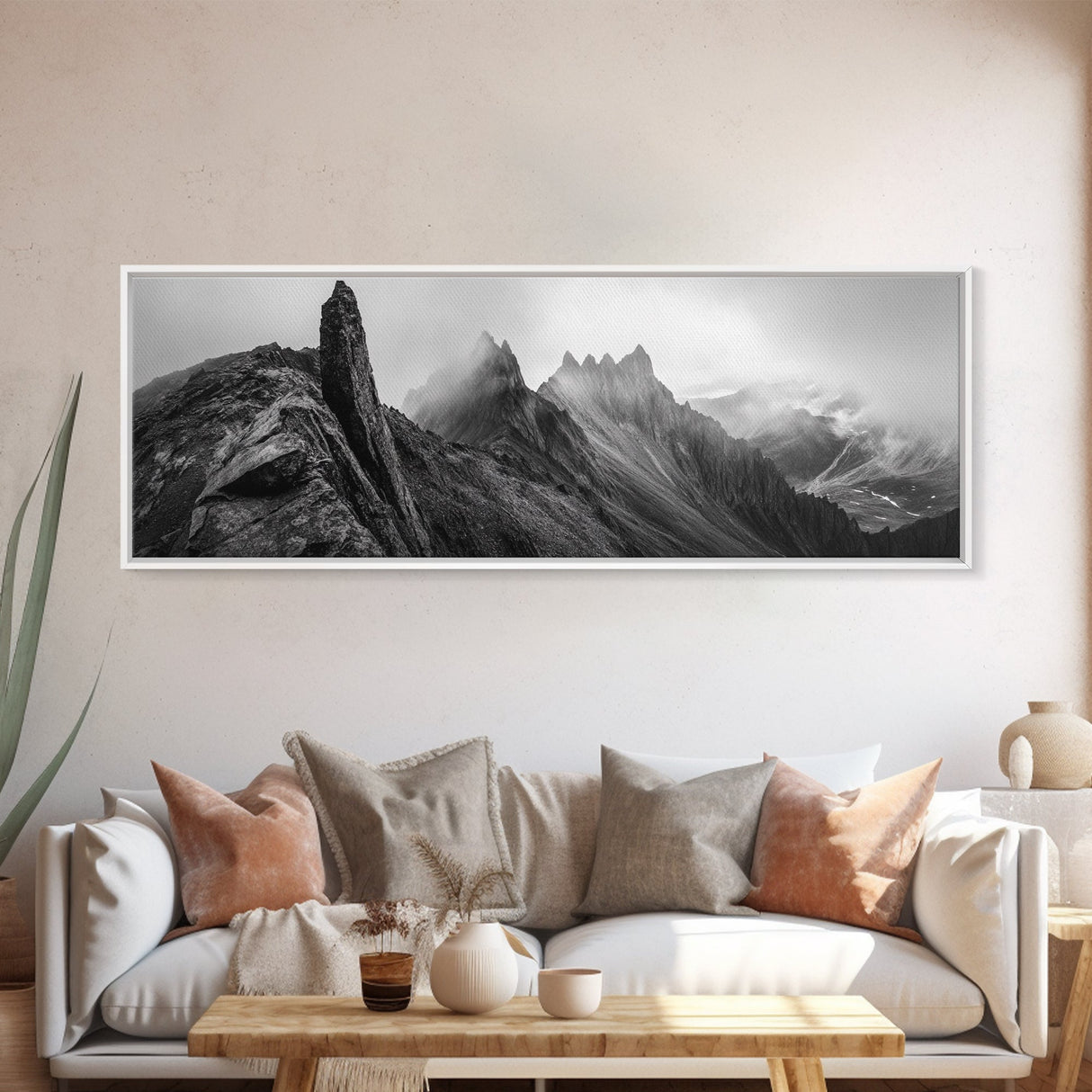 Jagged Peaks, Foggy Mountains, Dramatic Range, Canvas Print, Monochrome Wilderness Art, Office or Cabin Wall Decor, Adventure Style