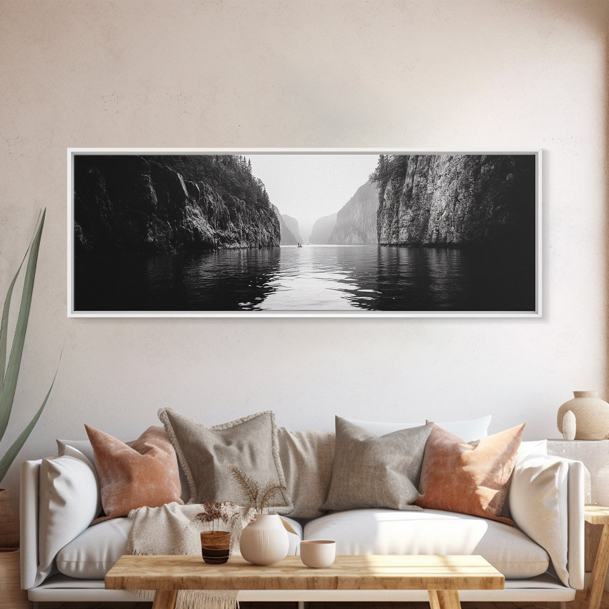 Misty Canyon, River Passage, Tranquil Adventure, Canvas Print, Nature Escape Wall Art, Zen Office Decor, Moody Black and White Style