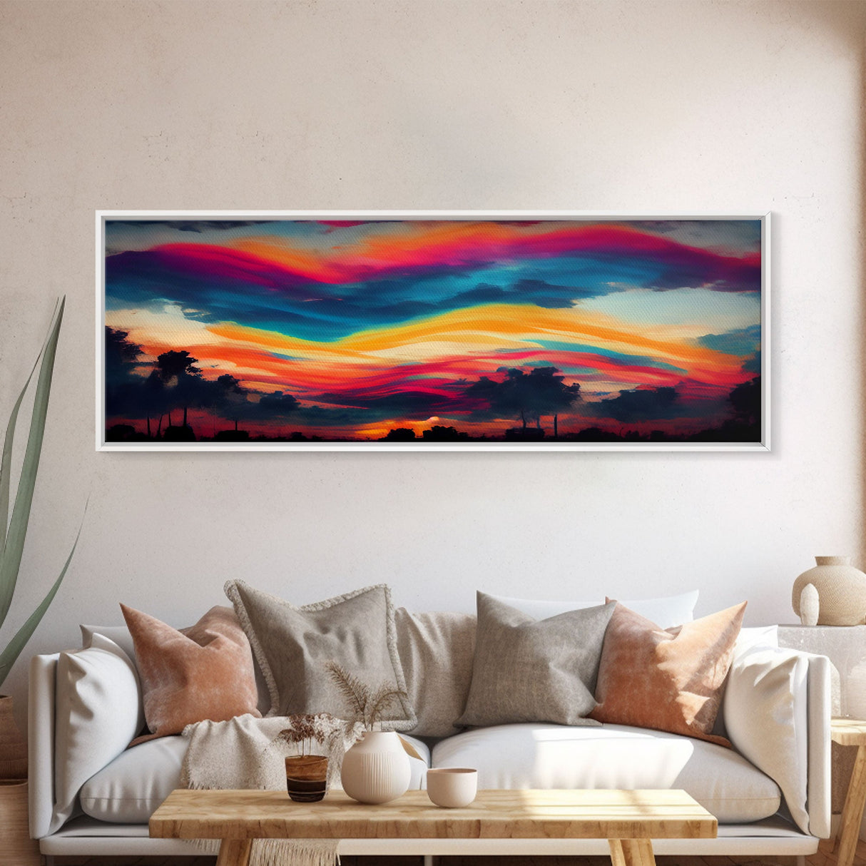 Beautiful Panoramic Sunset Watercolor, Extra Large Wall Art, Framed Panoramic Canvas Print, Framed Wall Art