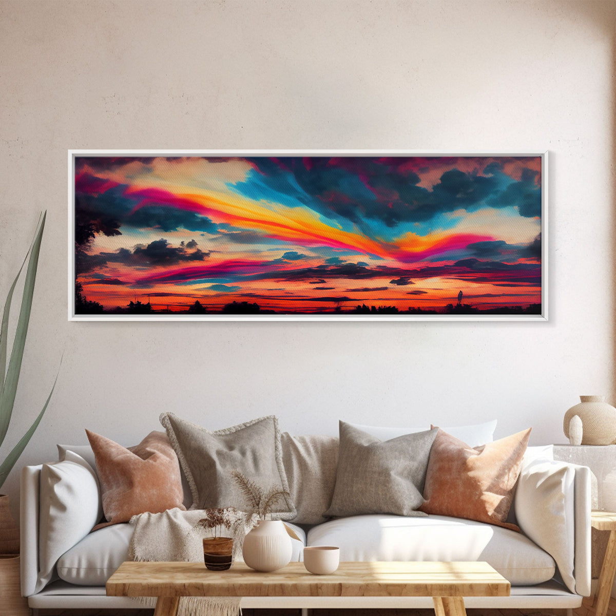Beautiful Panoramic Watercolor Sunset, Extra Large Wall Art, Framed Panoramic Canvas Print, Framed Wall Art
