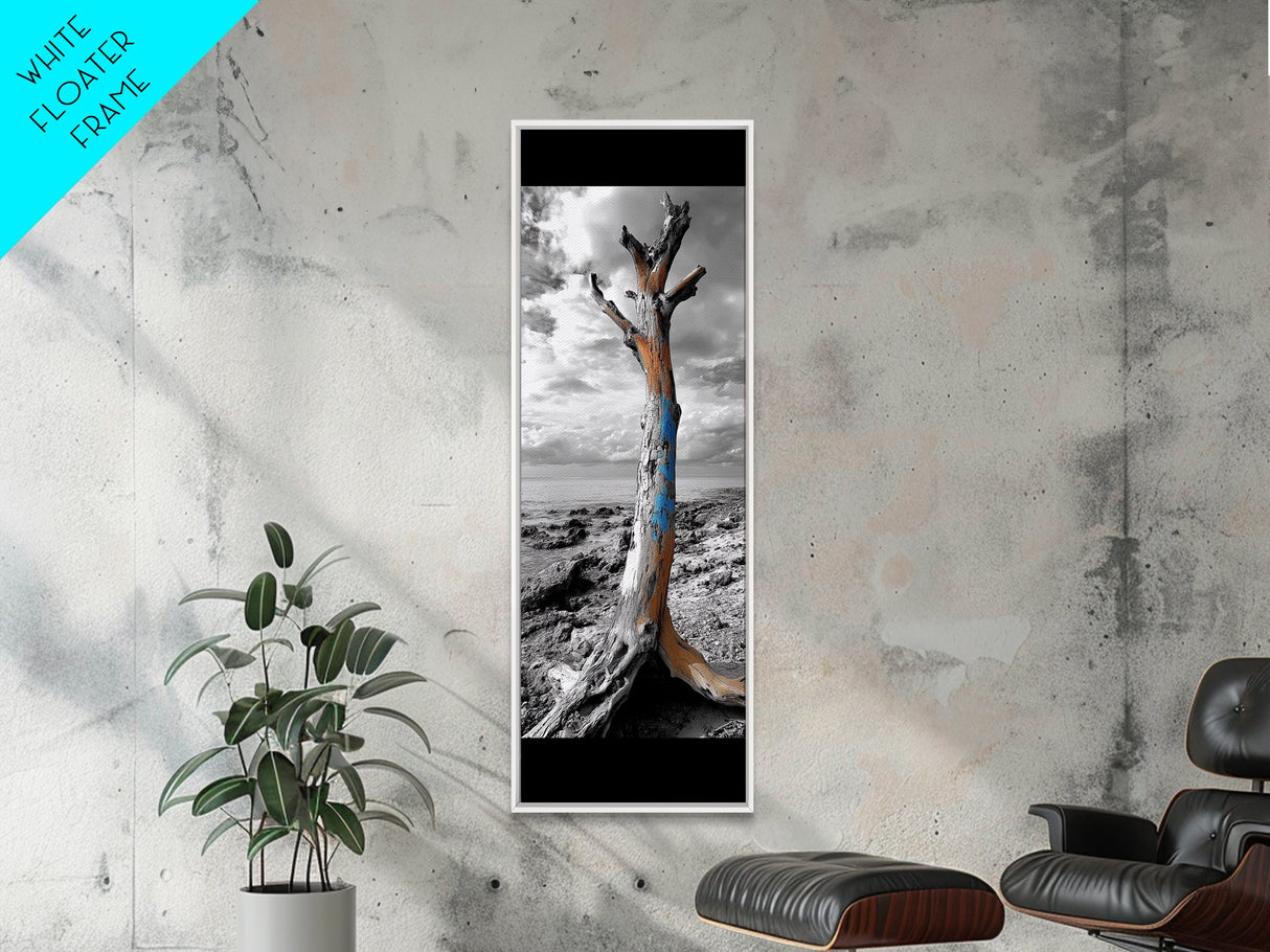 Painted Tree, Coastal Driftwood, Stormy Sky, Bold Texture – Framed Canvas Print, Beach House Decor, Abstract Nature Art, Rustic Minimalism