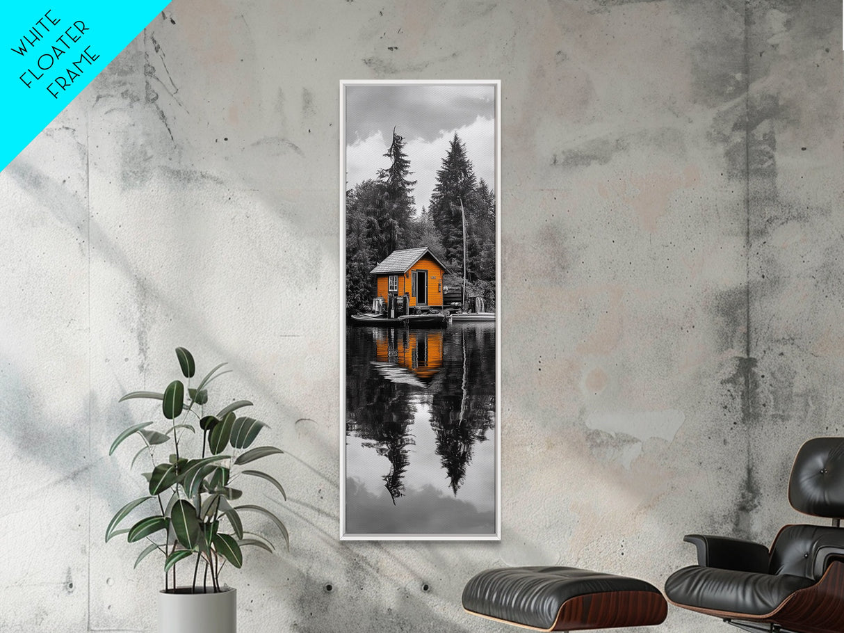 Lake Cabin, Reflection Serenity, Forest Escape, Framed Canvas Print, Nature Wall Art, Rustic Lodge Decor, Cabin Living Room Inspiration