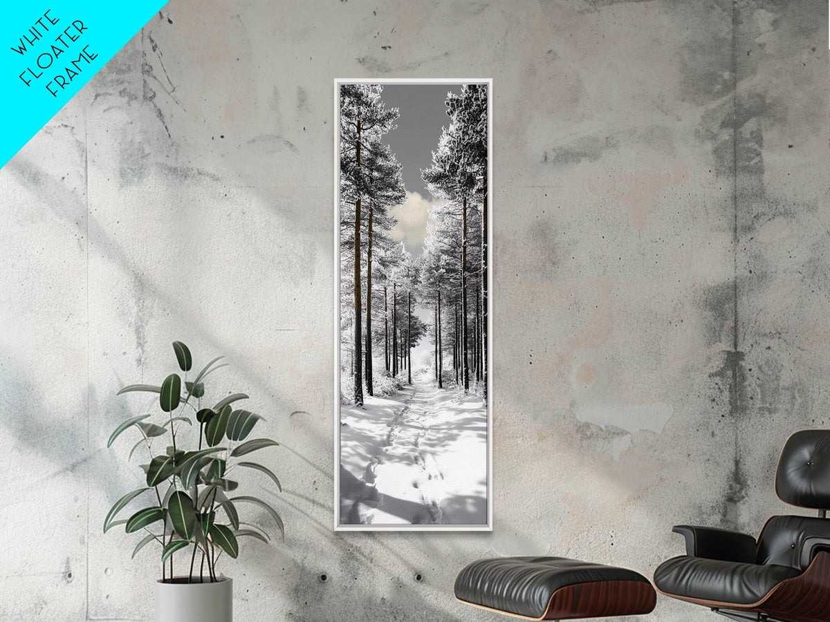 Snow Path, Winter Forest, Frosty Pines, Silent Trail, Framed Canvas Print, Christmas Wall Art, Cabin Decor, Nordic Winter Scene
