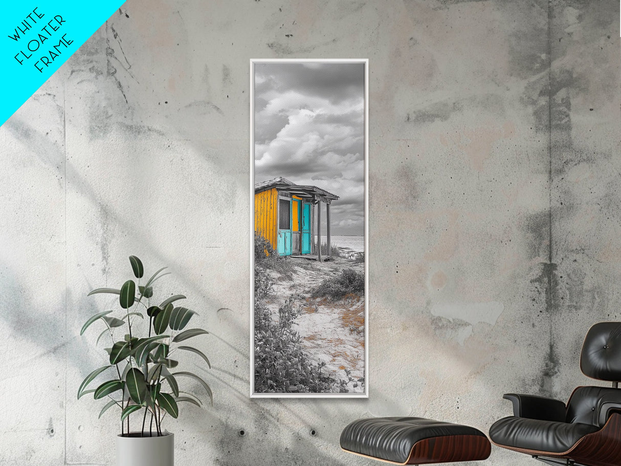 Beach Shack, Rustic Cabin, Vibrant Doors, Framed Canvas Print, Coastal Entryway Wall Art, Tropical Boho Decor, Seaside Rustic Style