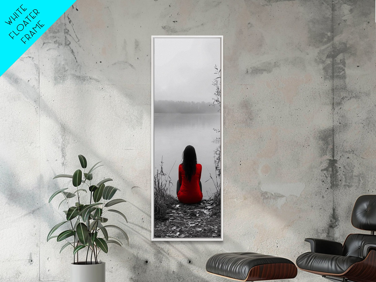 Solitude Reflection, Red Dress Woman, Tranquil Mood, Autumn Lake Scene, Framed Canvas Print, Mindful Art, Bedroom Wall Decor