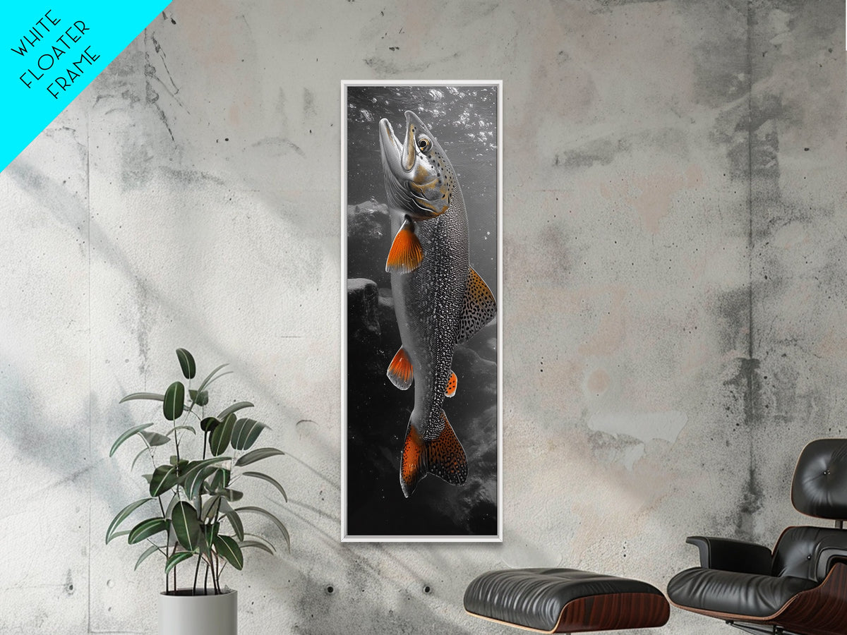 Trout Fishing Print, Underwater Scene, Orange Fins Fish, Rustic Wildlife, Framed Canvas Print, Cabin Decor, Man Cave Wall Art