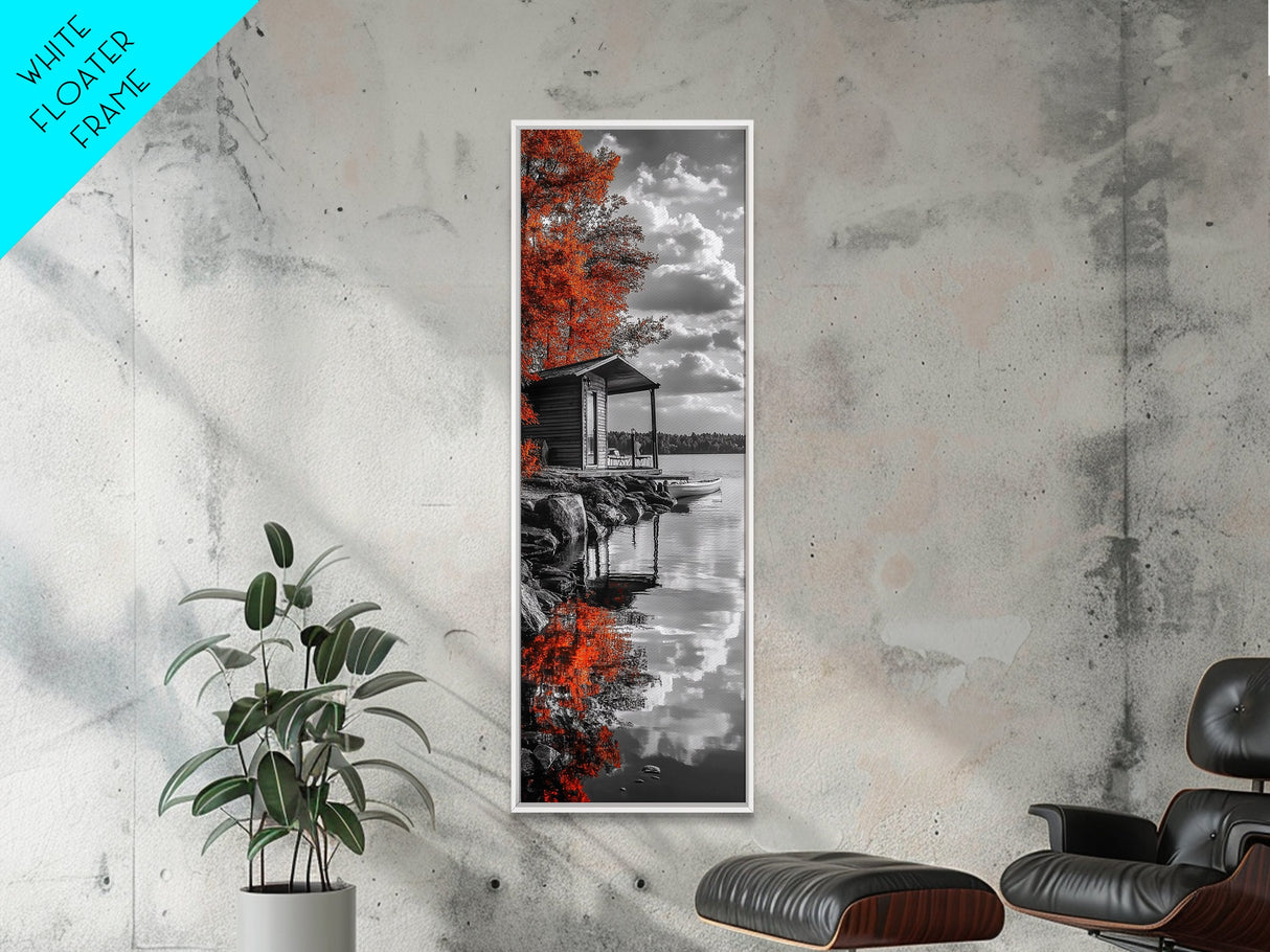 Autumn Cabin Lake, Red Tree Reflections, Tranquil Retreat, Rustic Getaway, Framed Canvas Print, Fall Decor, Nature Wall Art, Lodge Style