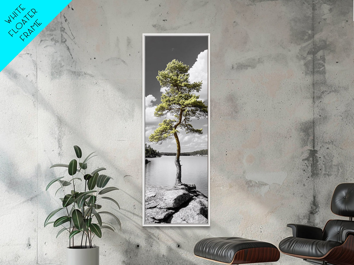 Twisted Pine Tree, Nature Serenity, Calm Wilderness, Coastal Forest, Framed Canvas Print Boho Bedroom Wall Art, Earth Tone Decor