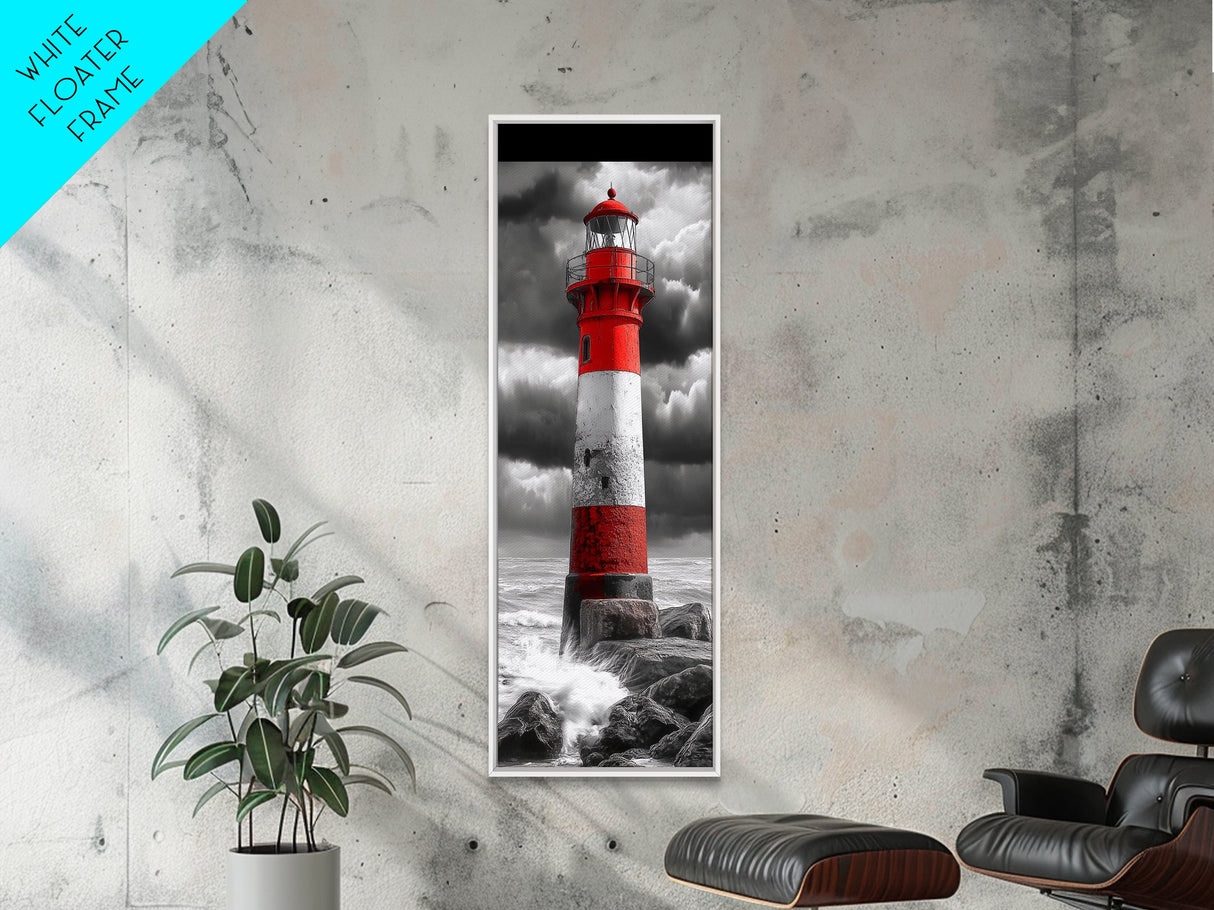 Red Lighthouse Storm, Coastal Beacon Art, Dramatic Seascape, Nautical Scene, Framed Canvas Print Living Room Wall Art, Moody Decor