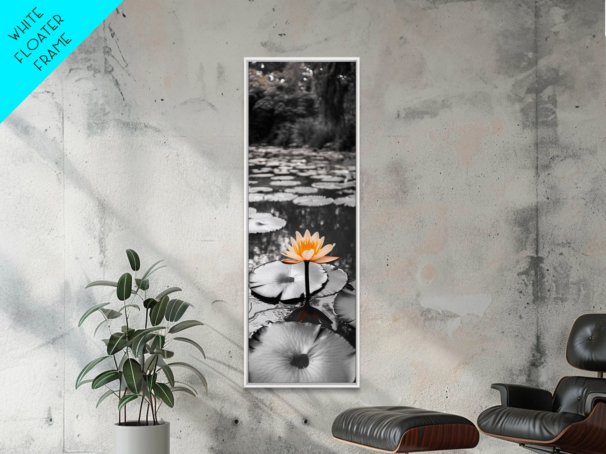 Orange Water Lily, Peaceful Pond Scene, Nature Reflection, Elegant Bloom, Framed Canvas Print Zen Bathroom Wall Art, Botanical Decor