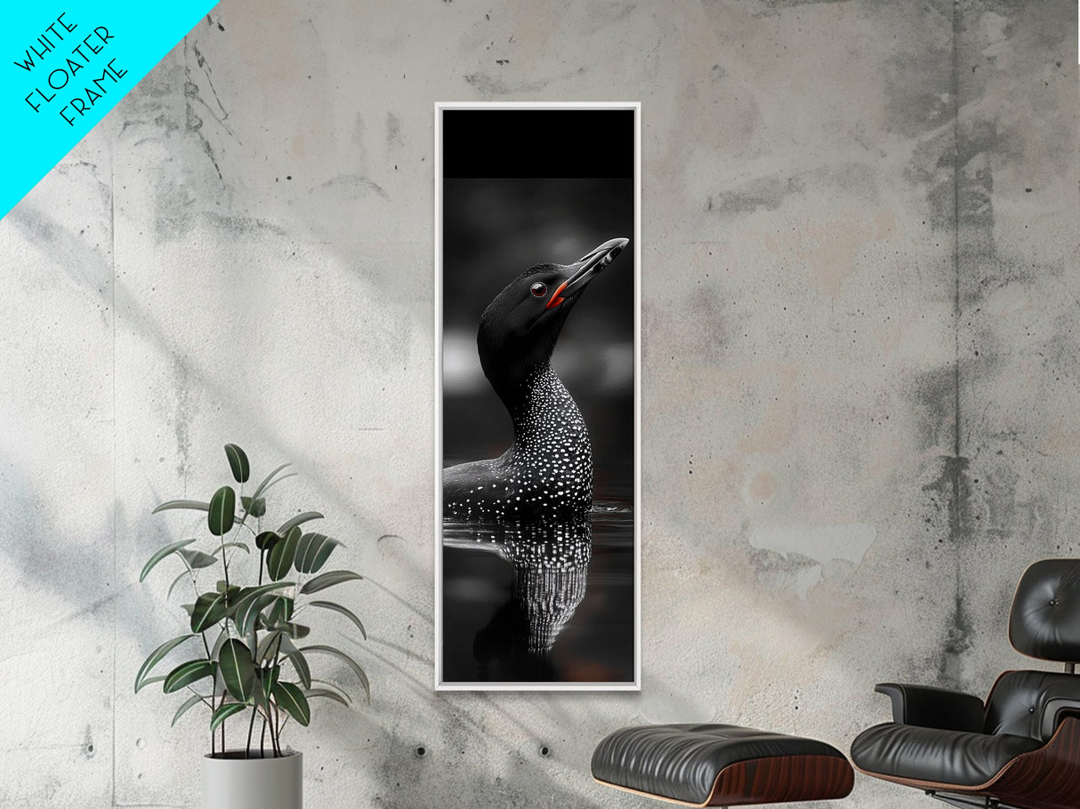 Loon Bird, Red Eye, Monochrome Wildlife, Nature Framed Canvas Print, modern living room wall art, black and white animal art